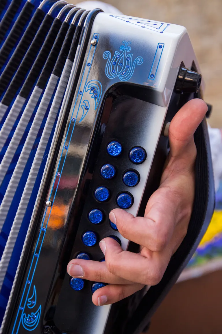 Dedos sobre los botones de bajos de un acordeón